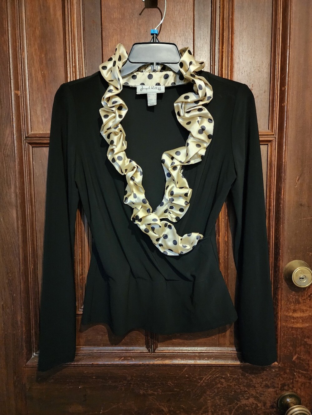 Vintage Joseph Ribkoff Ruffle Blouse Black Polka Dot Satin Wrap Top Size 4-Y2K